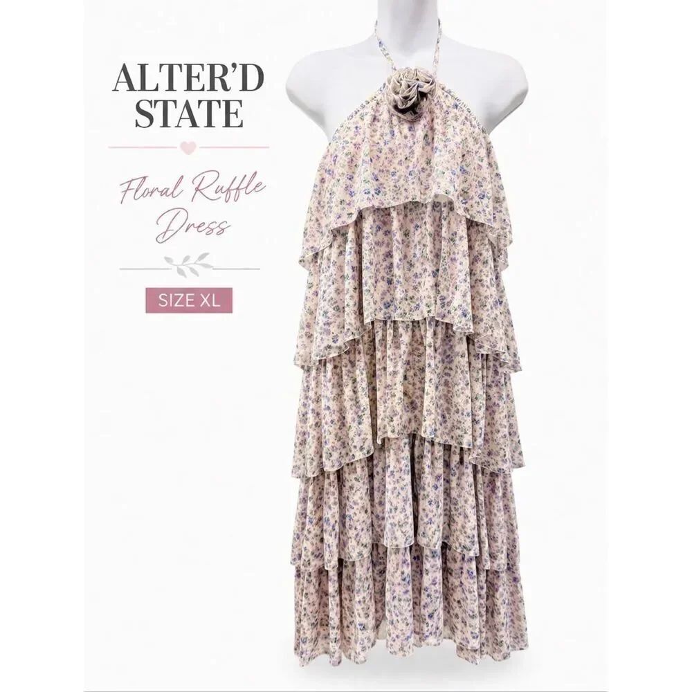 Alter’d State Floral Ruffle Tiered Dress XL Halter Neck Boho Cottagecore Mini